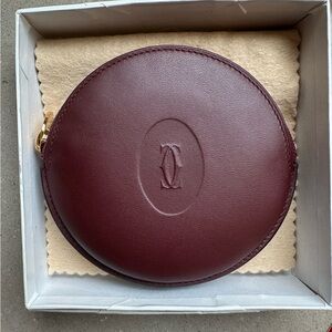 Cartier Burgundy Leather Round Coin Pouch w Gold-Tone Zipper w Card, Cloth & Box